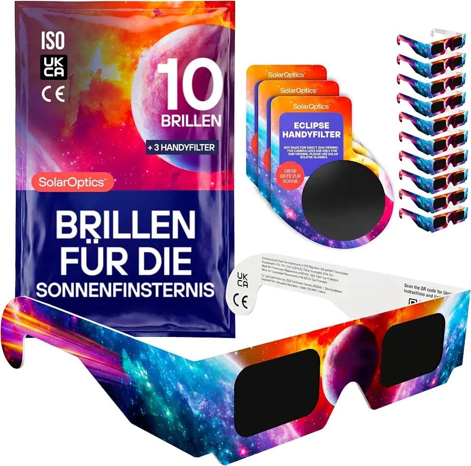 Sonnenfinsternisbrille mit Handy-Filter – ISO 12312-2 & CE-zertifiziert, Sichere Sonnenbeobachtung + Smartphone Filter Set, AAS 2026
