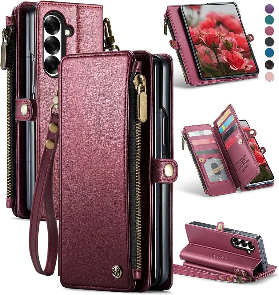 Defencase for Samsung Galaxy Z Fold 7 Wallet Case with Card Holder, WineRed