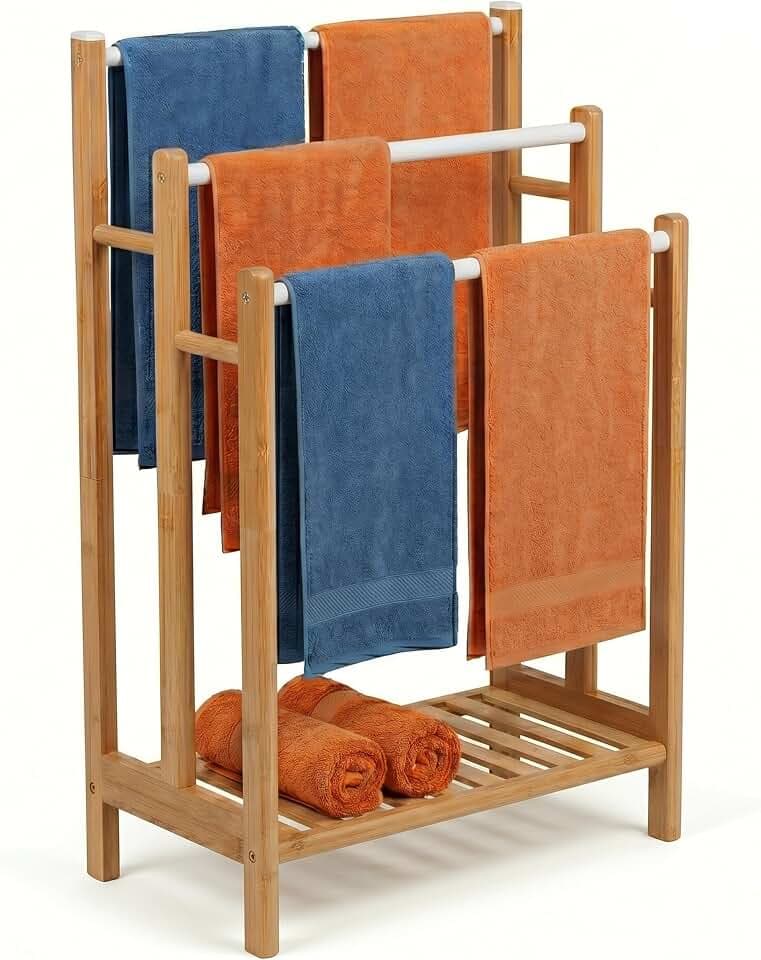 Relaxdays Handtuchhalter, mit 3 Stangen & Ablage, Natur/weiß