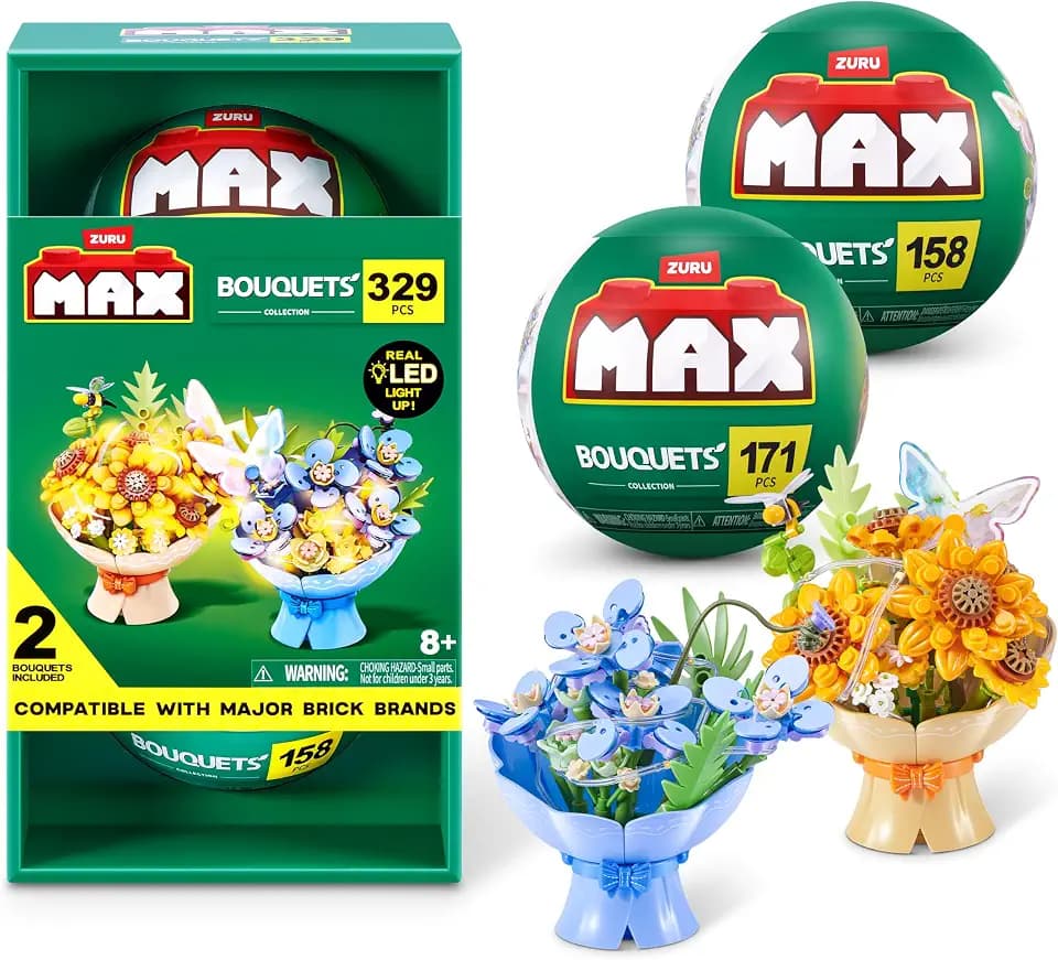 MAX Build More Premium Plastic Building Bricks LED Bouquets Collection (2 Pack) by ZURU, Light‑Up Floral Builds for Teens, Adults, and Collectors, Creative Decorative Display Sets
