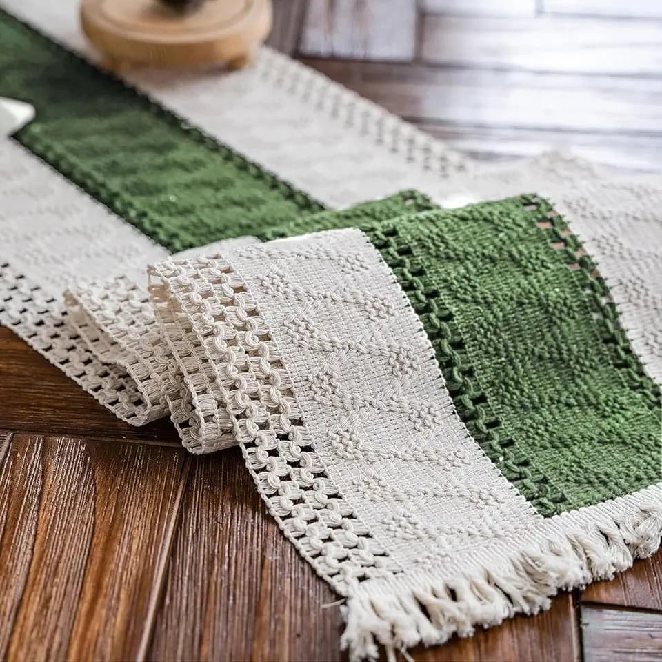 Macrame Table Runner Beige and Green Boho Table Runners with Tassels 12x48