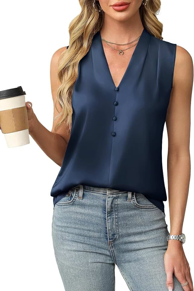 Blooming Jelly Women's Dressy Tank Tops Summer Sleeveless Work Blouses Silk Satin V Neck Shirts Business Casual Outfits