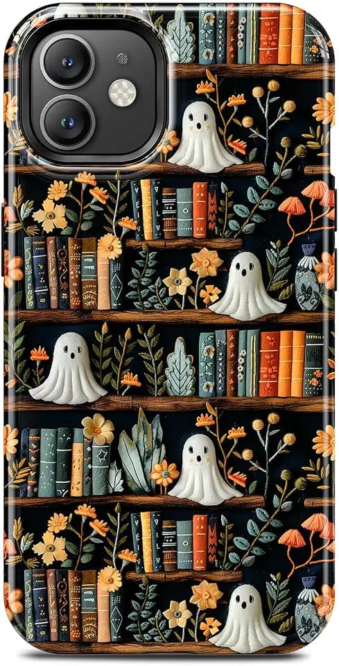 Cute Book Halloween Spooky Ghost Phone Case for iPhone 12 & iPhone 12 Pro, Compatible with Magsafe, Trendy Vintage Flower Bookish Whimsical Magnetic Slim Shockproof Protective Women Girl Cover Case