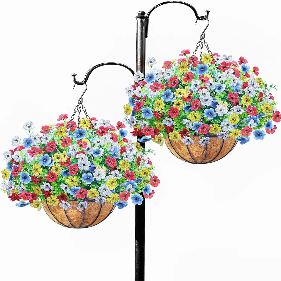 2 Set Artfiticial Hanging Flowers with Basket & Foam Outdoor,Red White Blue