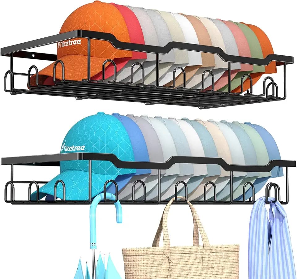 Nicetree Hat Racks for Base ball Caps Wall - Metal Hat Organizer for 48 Baseball Caps Holder, 2 Pack Baseball Hat Storage Organizer for Closet, Bedroom, Living Room