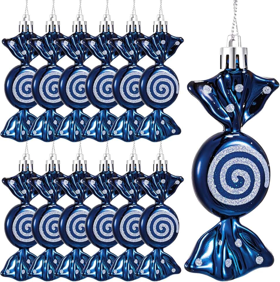 Threan 12 Weihnachtsbaum Süßigkeiten Christbaumschmuck Bonbon Glitzernde Hängende Weihnachtliche Süßigkeiten Ornamente Zuckerstangen Deko mit Goldenen Seilen(Dunkelblau,Plastik)