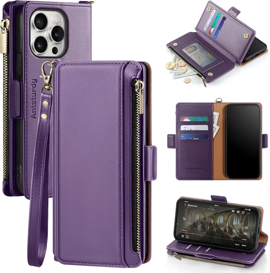 Antsturdy for iPhone 16 Pro Phone Wallet Case Women,Purple