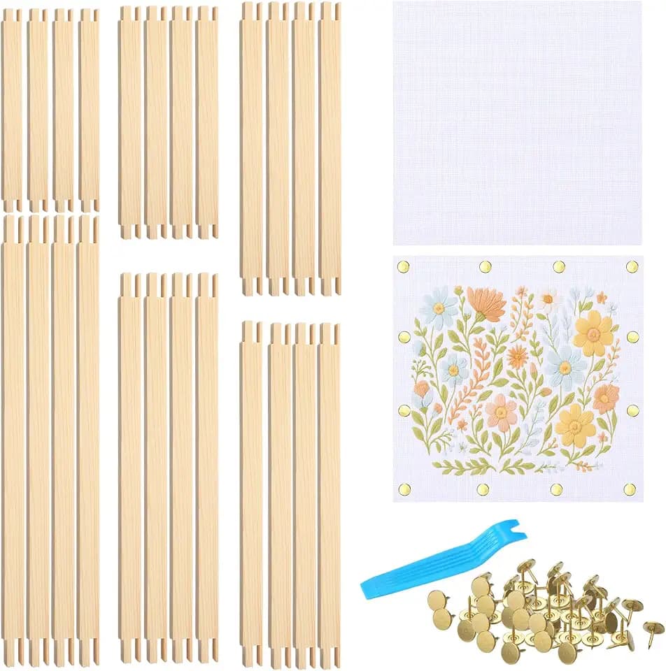Threehoney 128 Pcs Needlepoint Stretcher Bars Kit 24 Wooden Stretcher Bars, 100 Thumb Tacks and White Cloth Multi Size Embroidery Frame DIY Needlework Craft for Cross Stitch Art Accessories
