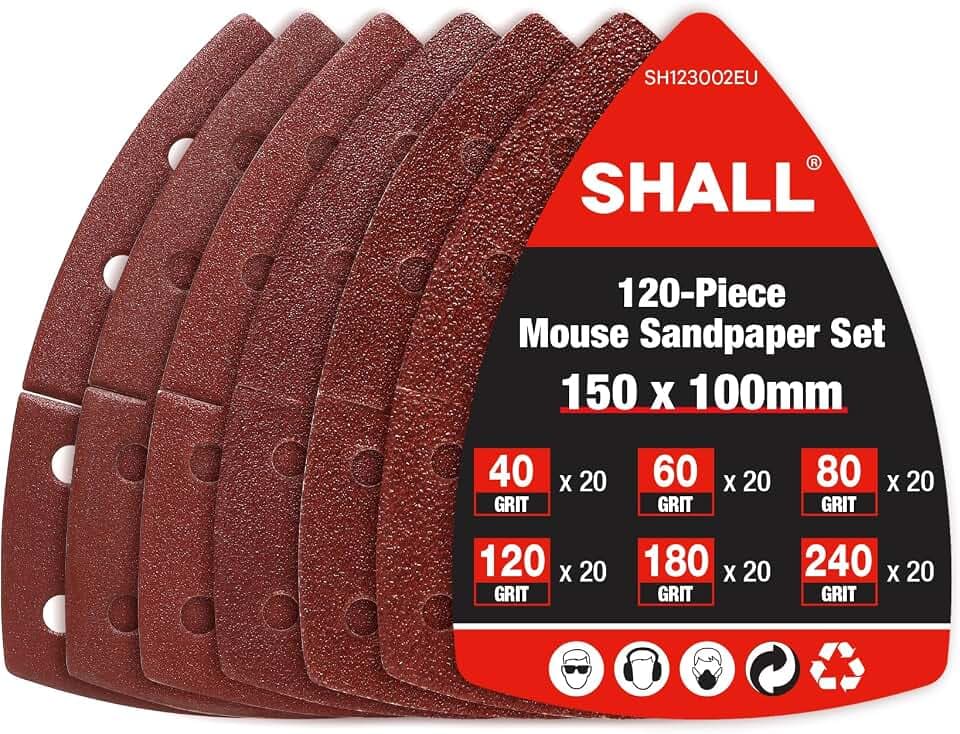 SHALL 120 Stück Schleifpapier Dreieckschleifer, Mausschleifpads,Klett Schleifblätter Delta 105 x 152mm Set für Multischleifer, verschiedene Körnungen 40/60/80/120/180/240