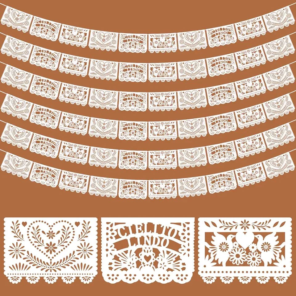 TaoBary 6pcs Mexican Papel Picado Banner 118ft, White, Cielito Lindo