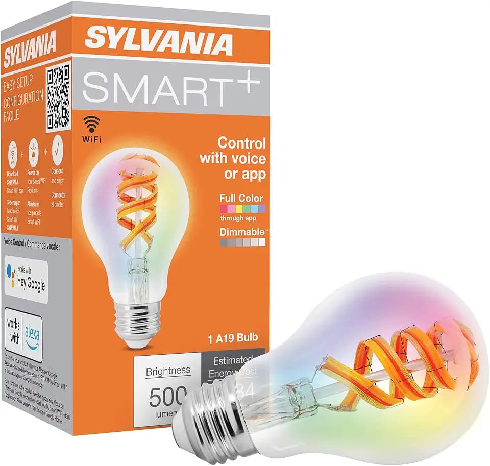 Sylvania WiFi LED Smart A19 RGBW Color and Amber Finish Filament Light Bulb, 7W Efficient, for Alexa/Google Assistant, 2000K, No Hub Required, Clear - 1 Pack (75807)