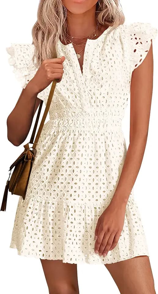 PRETTYGARDEN Women's Summer V Neck Eyelet Short Dress