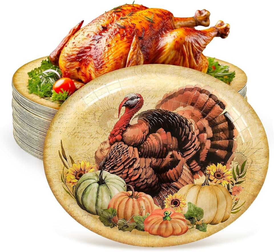 JarThenaAMCS 50 Pcs Thanksgiving Turkey Oval Paper Plates Fall Vintage Pumpkin Sunflower Leaves Disposable Plates 12 x 10 Inch Autumn Tableware Dinnerware for Harvest Party Decor Supplies