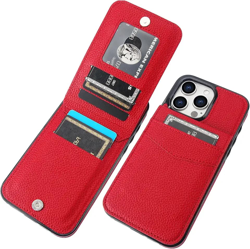 KIHUWEY for iPhone 15 Pro Max Wallet Case Card Holder Kickstand, Lichee Red
