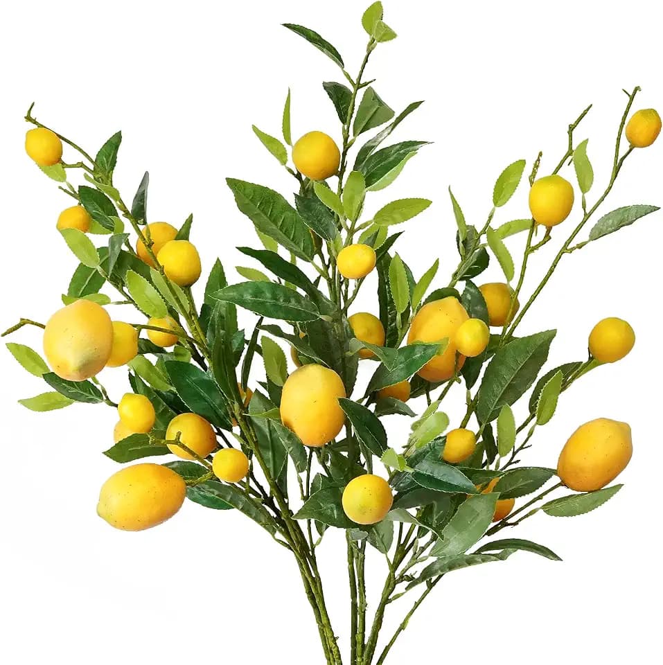 MINYULUA 5pcs Artificial Lemon Branch Pick Vivid Yellow Fake Lemon Decor for Kitchen Party Farmhouse Garden Home Table Centerpiece Decoration