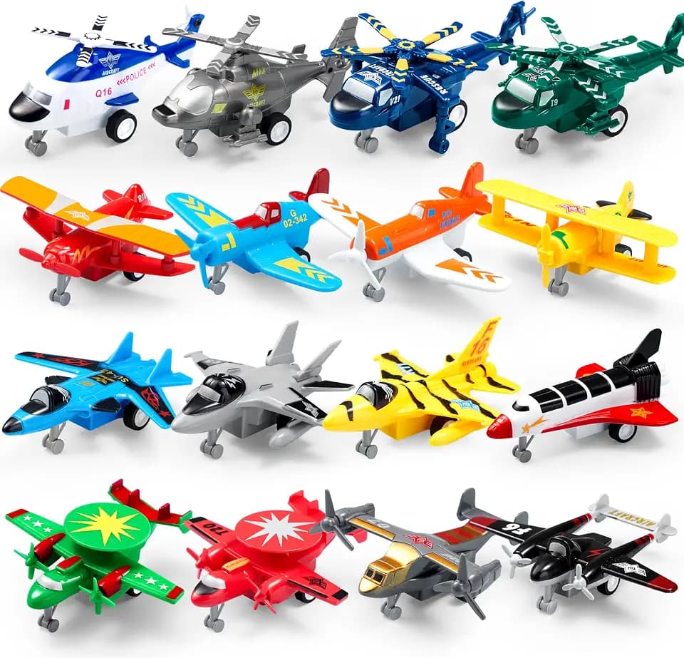 JOYIN 16-teiliges Flugzeug Spielzeug zum Zurückziehen, Spielzeug ab 3 Jahren Jungen, Flugzeug Spielzeugset Hubschrauber Kampfjet, Geschenke für Kinder im Alter von 2-8 Jahren