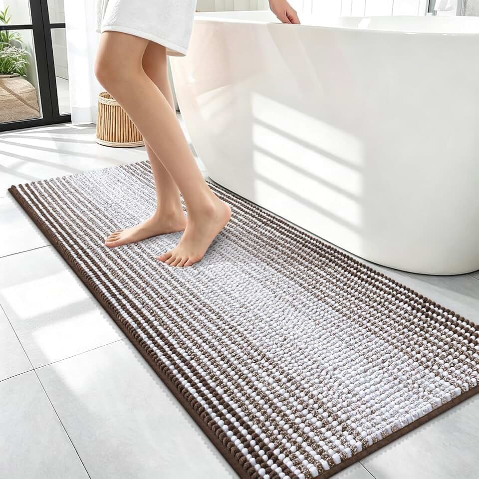 OLANLY Bathroom Runner Rugs 47x17, Soft Chenille Striped Bath Rugs, Brown