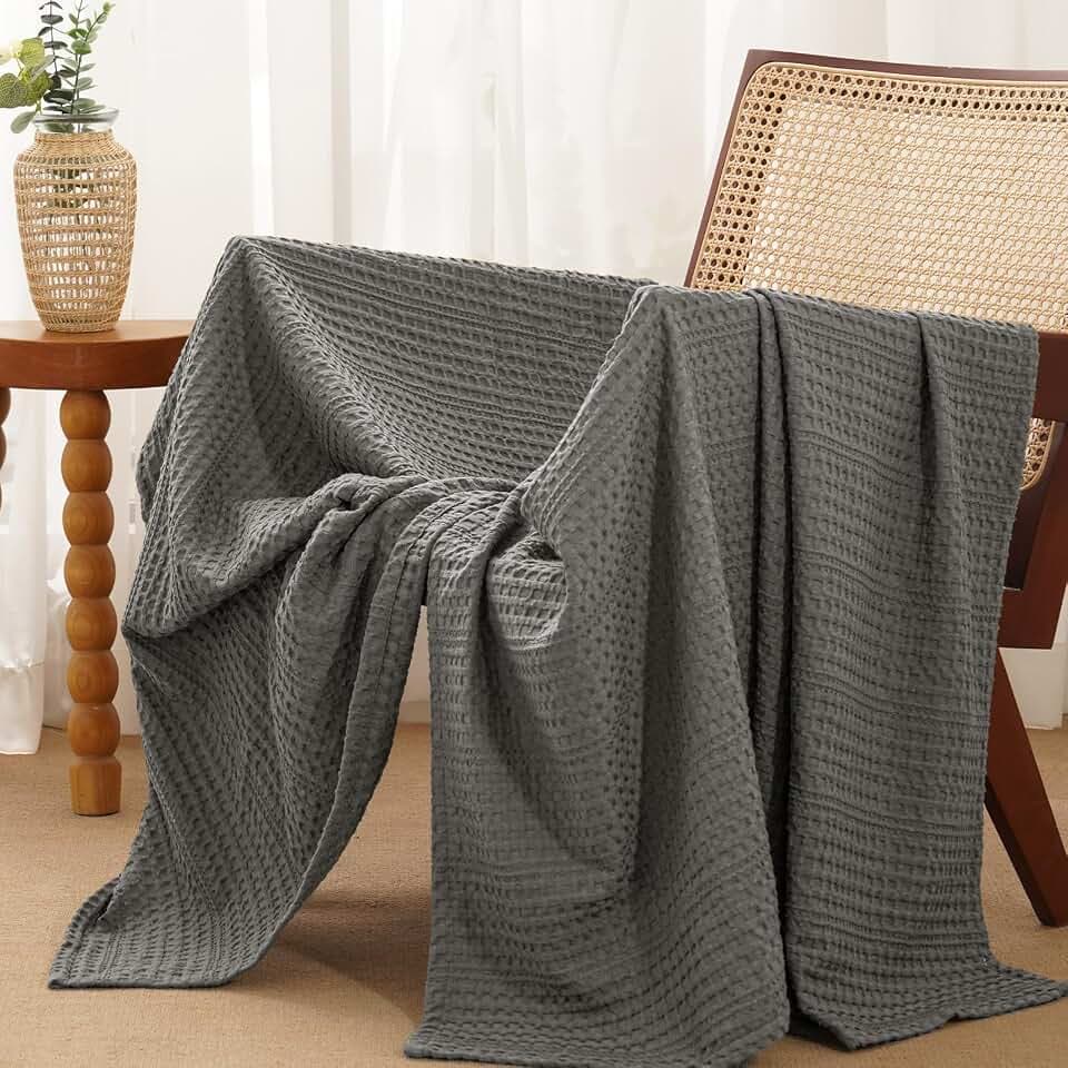 PHF Lightweight Waffle Weave Throw Blanket 50"x 60", Soft Woven All‑Season Blanket for Hot Sleepers - Aesthetic Home Decor for Couch Bed Sofa, Pet Friendly, Grey