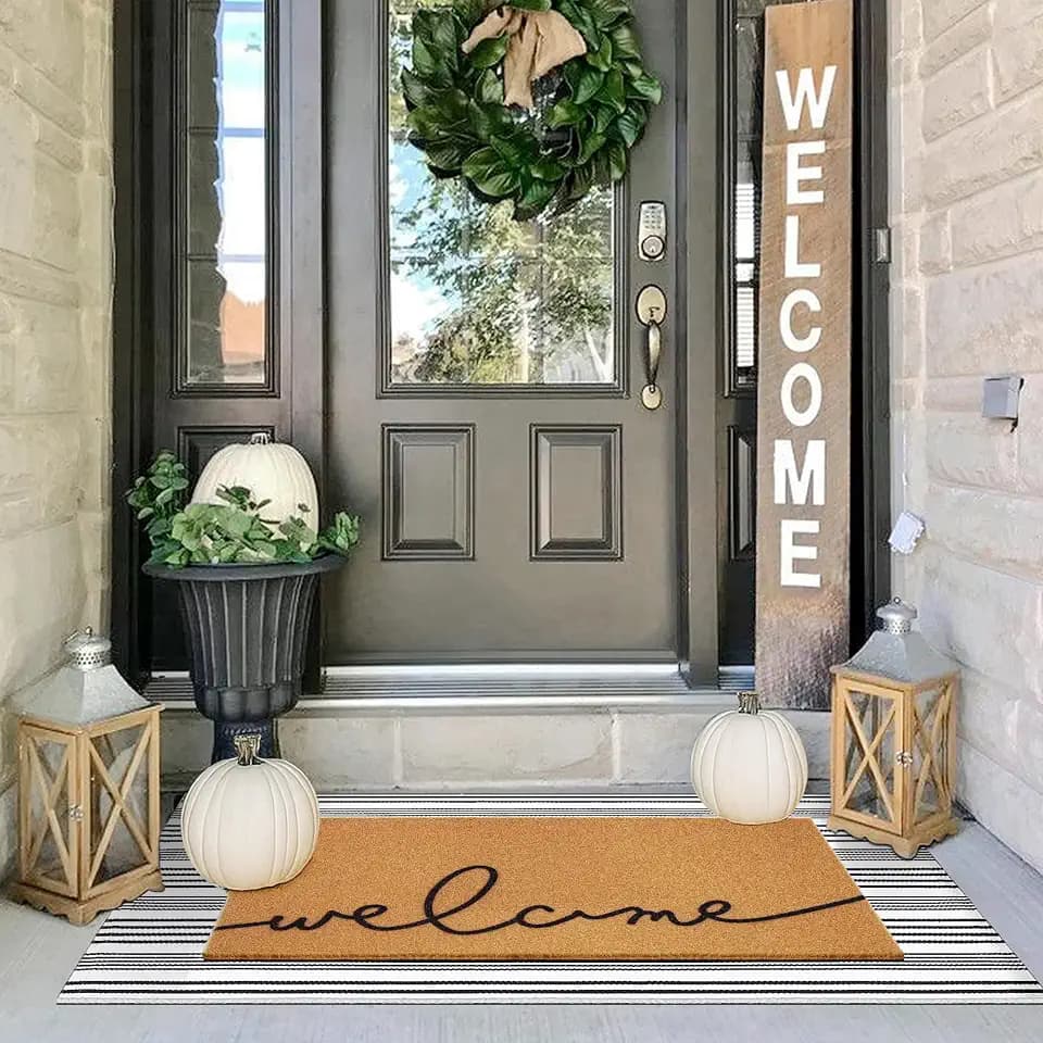 2 Pcs Summer Door Mat, Coco Coir Welcome Doormat with Black and White Striped Mats, Extra Thick & Non-Slip Backing for Farmhouse Front Porch Entryway, Seasonal Layered Porch Décor Floor Mat (Welcome)