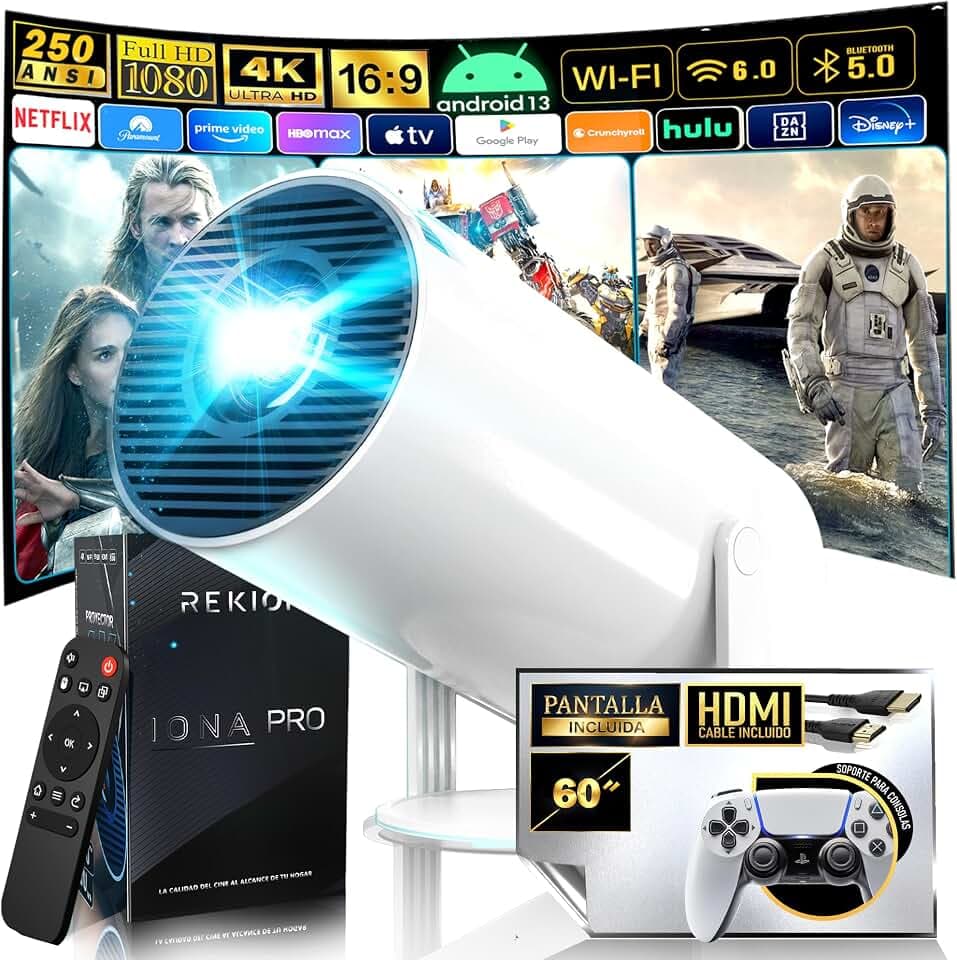 REKION® [Integrierte Apps] Tragbarer Projektor HY.300 4K + Display 60 Zoll | HDMI enthalten | 1080P Full HD 250 ANSI 9000 Lumen | WiFi 6 Bluetooth 5.0 | Android 13 | 180° drehbar