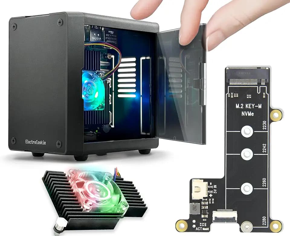 ElectroCookie Mini PC Case for Raspberry Pi 5 with M.2 NVMe SSD PCIe HAT and Active RGB Lighting Cooler (Black Case + M.2 HAT[X1001])