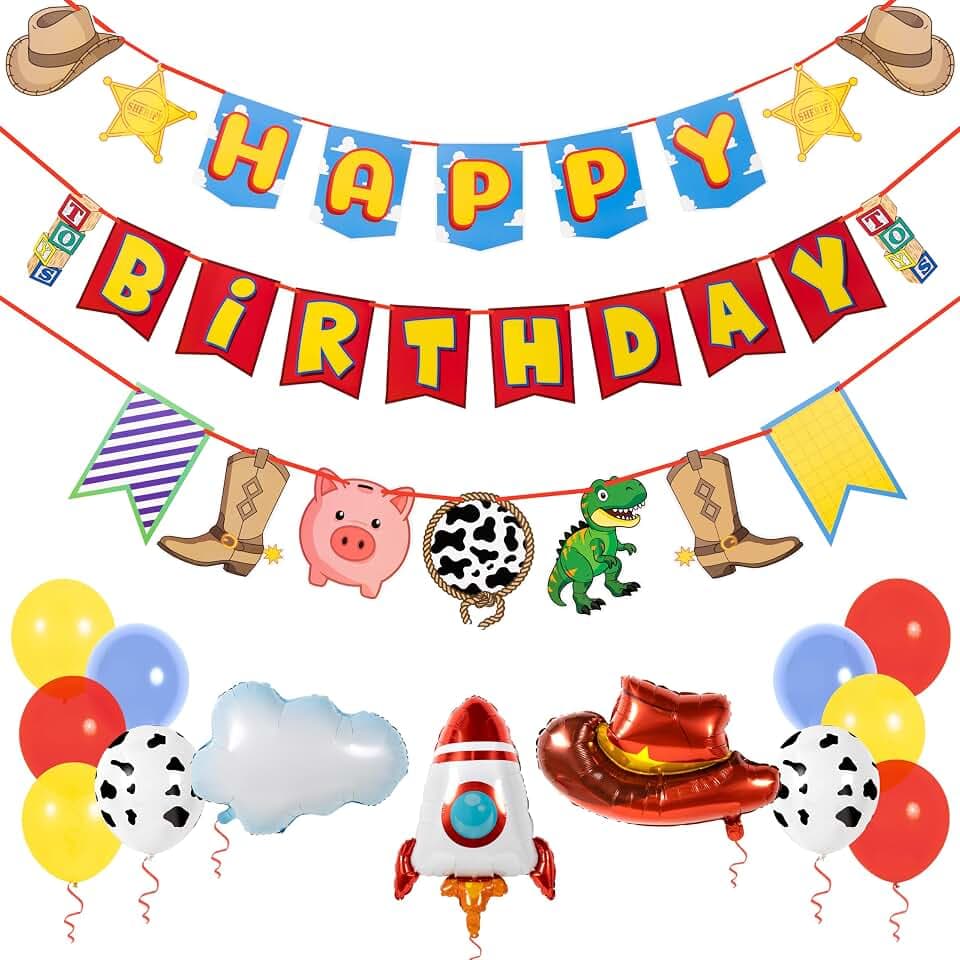 Pirese Toy Adventure Birthday Decorations, Cowboy Space Birthday Banner Kit
