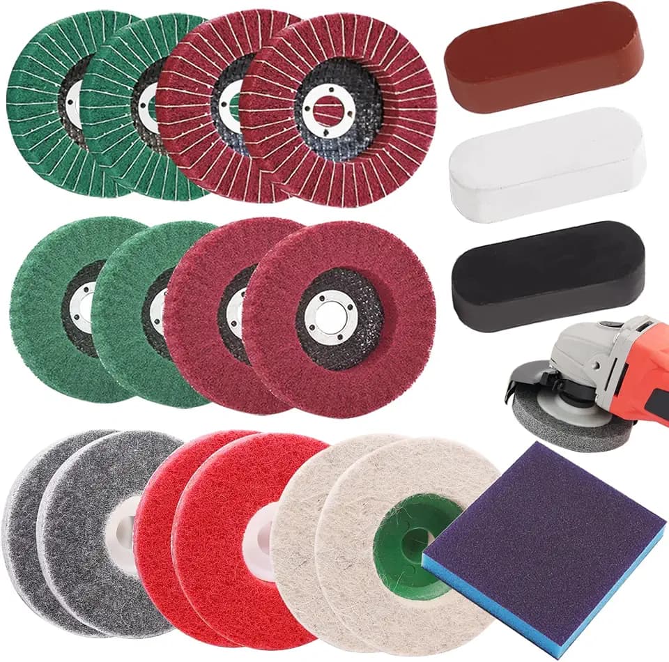 18Pcs 4 Inch Buffering Wheels Polishing Kit with Compound for Angle Grinder,Includes 14Pcs Nylon Fiber Flap Disc & Wool Felt Polishing Wheel,3Pcs Buffing Compounds and Sanding Sponge