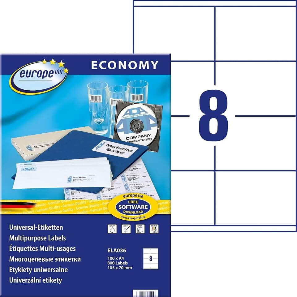 Europe100 Art. ELA036 Universal Etiketten (800 Klebeetiketten, 105x70mm auf A4, Papier matt, individuell bedruckbar, selbstklebende Versandaufkleber, kompatibel zu AVERY 3426) 100 Blatt, weiß
