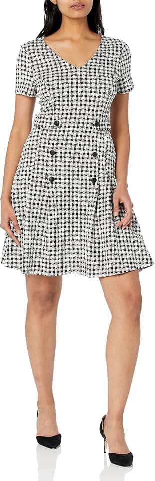 DKNY Women's Short Sleeve V-Neck Double Button Fit and Flare Dress