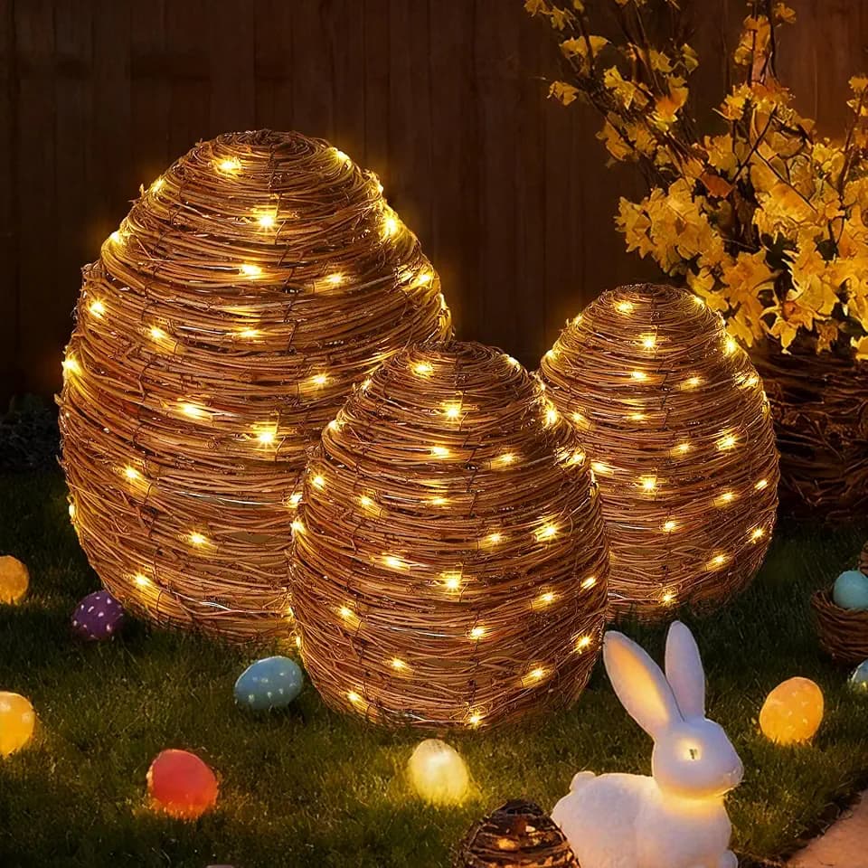 Geelin 3 Pcs Easter Decorations Rattan Egg Outdoor Lighted Wicker Porch Party Ornaments Handwoven Fake Rustic Twig Egg with Warm White Waterproof LED Light for Indoor Outdoor Spring Garden Yard Patio