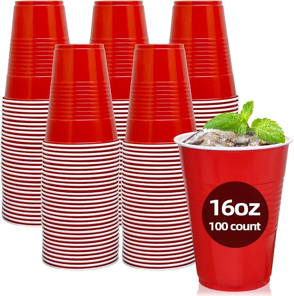 100 Count Red Plastic Cups 16 oz, Disposable Party Cups