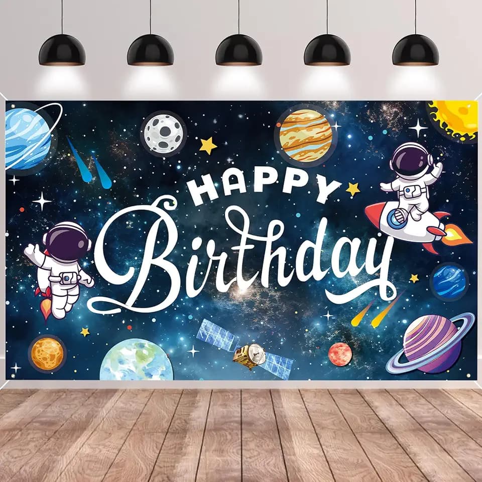 Space Happy Birthday Banner Backdrop Photography Background Party Decoration for Boy Girl Kids Baby Universe Planets Solar Galaxy Astronaut Theme Accessories Supplies 72.8 * 43.3in