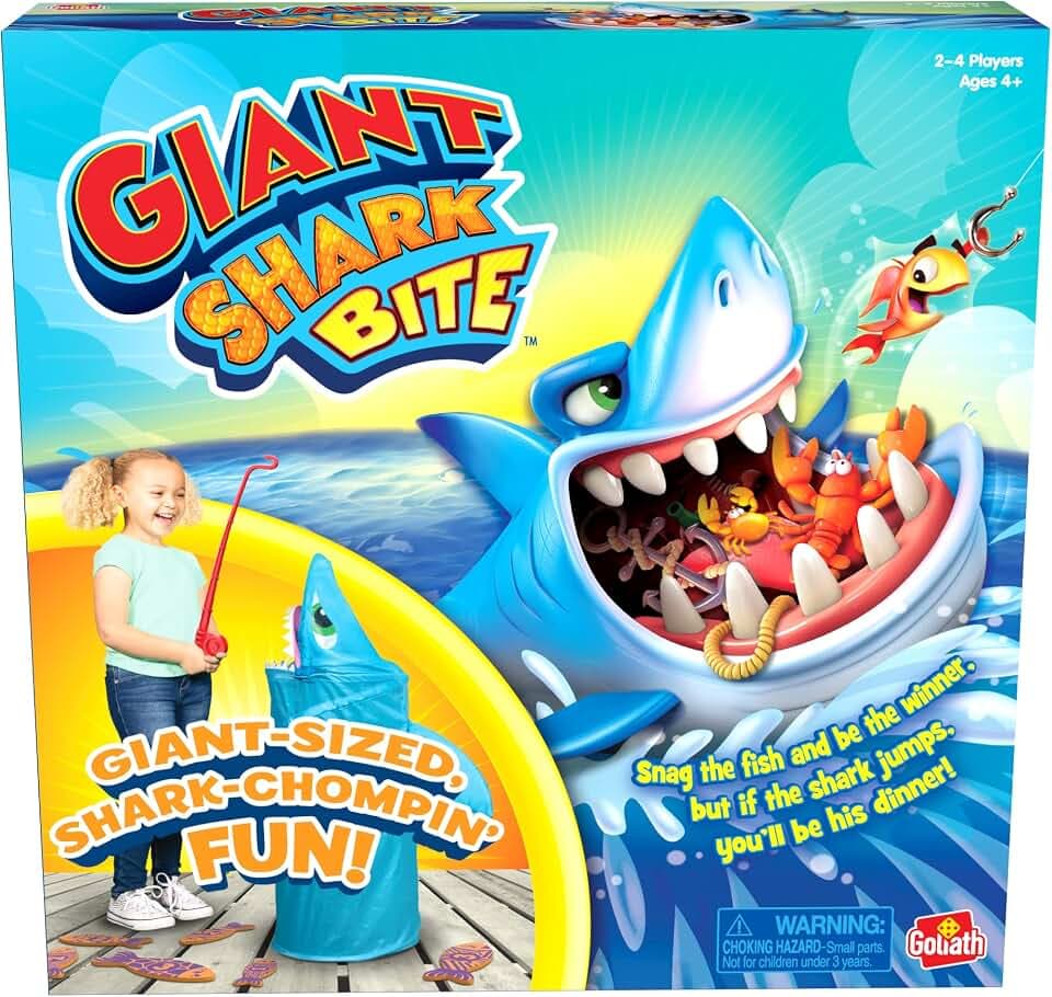 Pressman Goliath Riesenhai-Bissspiel – Schnappen Sie Fische vom Hai, bevor er hochspringt – springt fast 90 cm – ab 4 Jahren, 2–4 Spieler, blaues Licht, klein