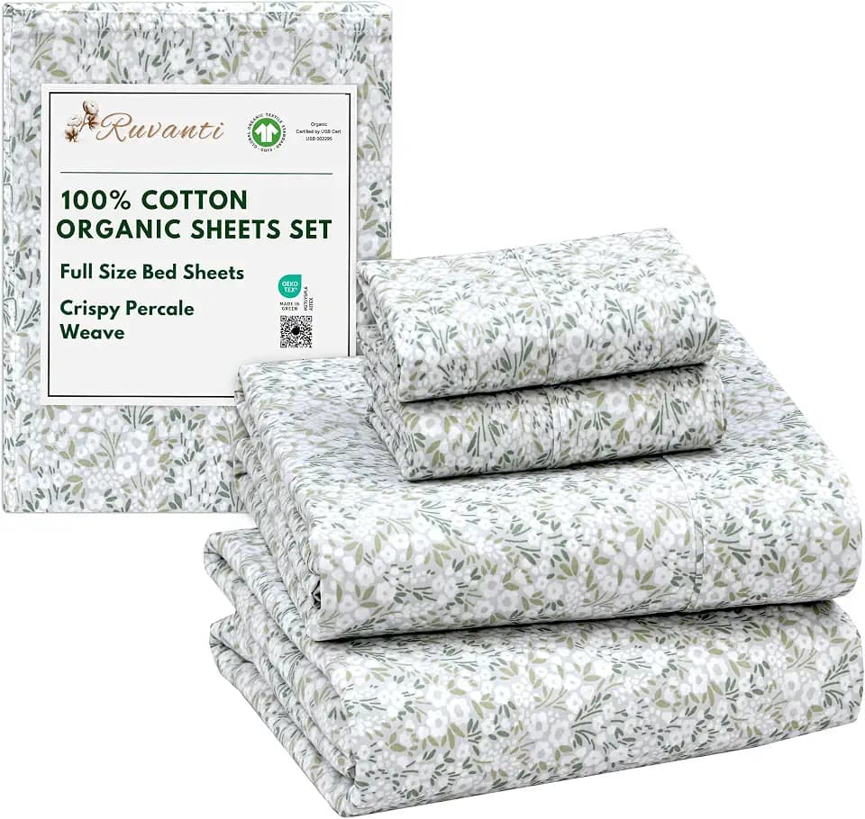 RUVANTI 100% Cotton Organic Full Size Sheets Percale Weave, Floral Rush