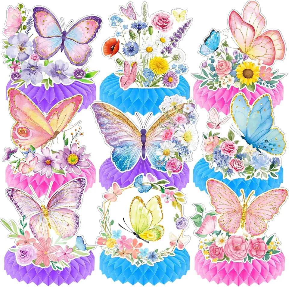 9 Pieces Butterfly Honeycomb Table Centerpieces, Colorful Floral Butterfly Decorations with Pink Purple Blue Bases, Spring Garden Party Supplies for Birthday Baby Shower Bridal Wedding Decor