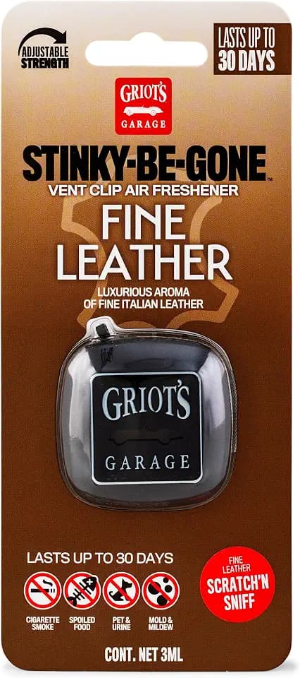 Griot's Garage Stinky-Be-Gone Vent Clip Air Freshener, Odor Remover, Car Scent for Garage, Closet, Laundry Rooms, Bathrooms, and More, Fine Leather, 10763