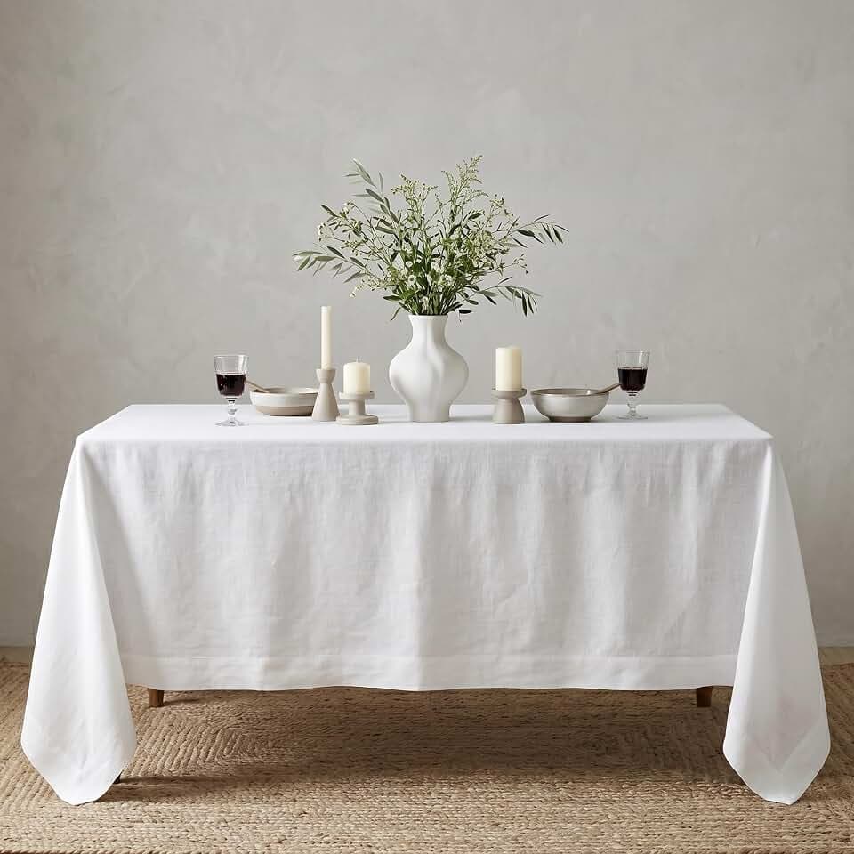 Solino Home 100% Pure Linen Tablecloth White Rectangular, Fete 60 x 132 in