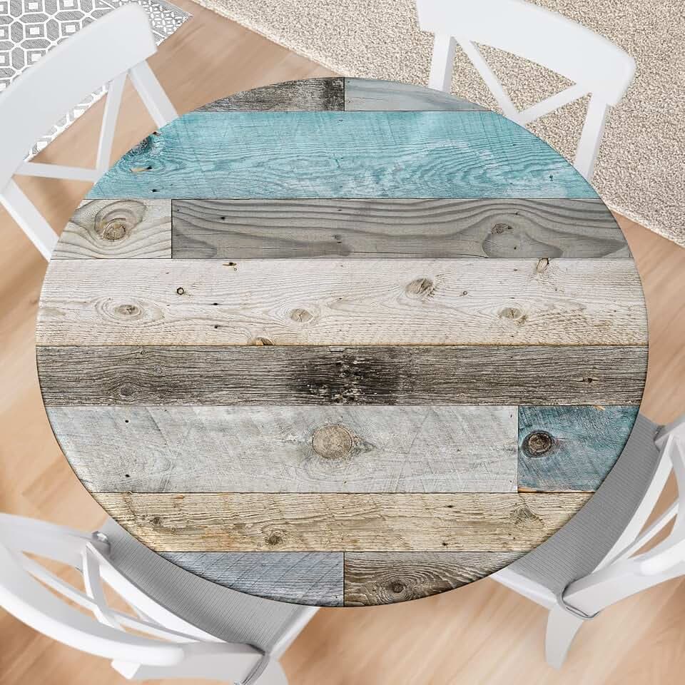 Farmhouse Round Fitted Tablecloth with Elastic Edge Wood Texture Outdoor Tablecloth Waterproof Table Cover for Kitchen Picnic Party Decor Fits 48-52" Diameter Round Tables