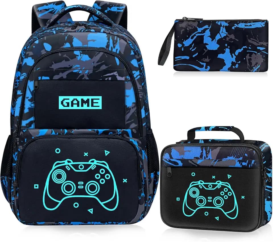 Glow in The Dark Backpack for Boys - 3pcs Game Boys Backpack for Kids Children Teens Elementary Middle School - 17″ Gamer Bookbag Travel Back Pack for Age 6-18