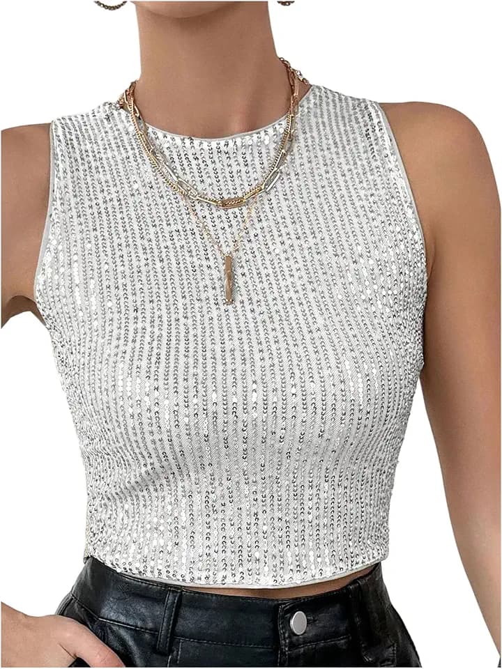 SweatyRocks Women's Sparkly Sequin Crop Tank Top Sleeveless Crew Neck Fitted Club Party Tops