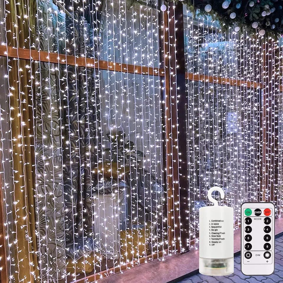 echosari 9.8Ft×9.8ft Curtain Lights Battery Operated with Remote Cool White