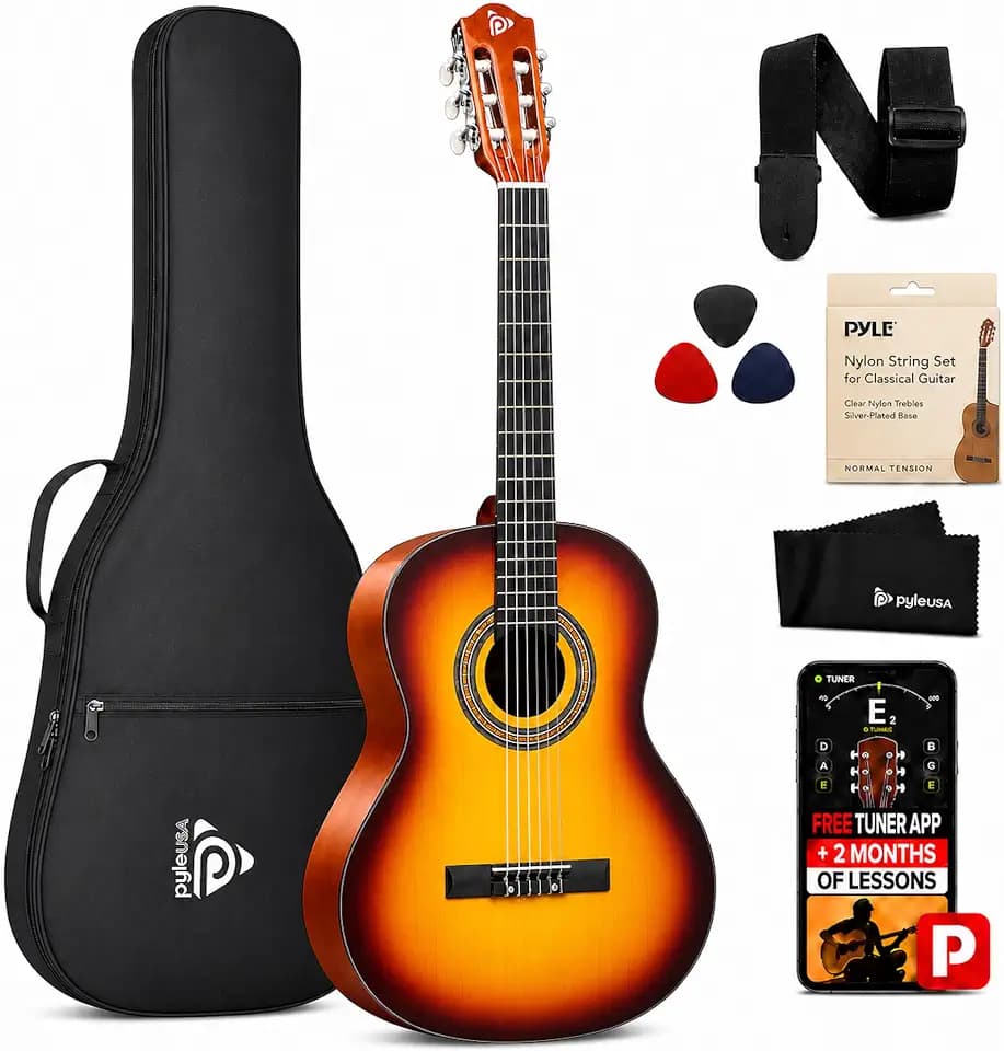 Pyle 36-Inch Beginner Classical Acoustic Guitar Kit, 3/4 Size Junior Nylon String Guitar for Kids and Adults, Includes Gig Bag, Strap, Spare Strings, Picks, Cleaning Cloth, 18 Frets, Brown Burst