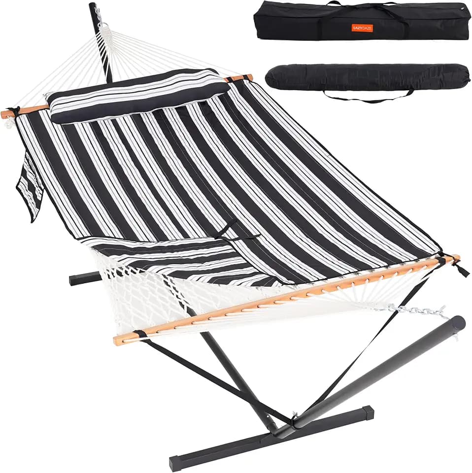 Lazy Daze Rope Hammock with Stand and Pad for Outside, Black White
