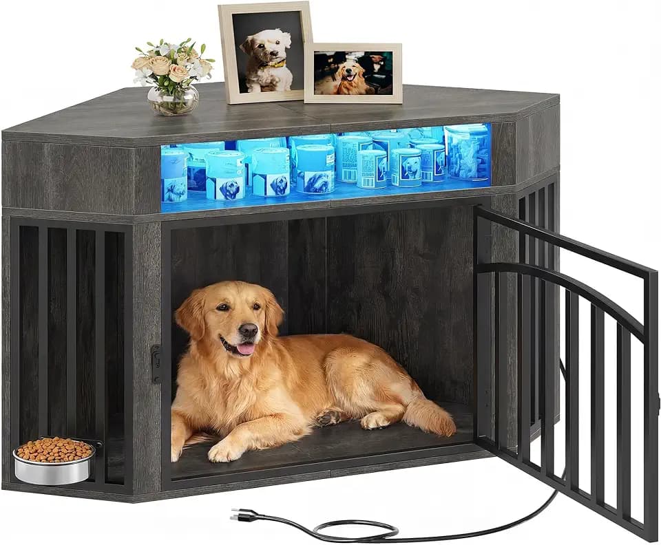 YITAHOME 52" Corner Dog Crate Furniture with LED Light & Power Outlets
