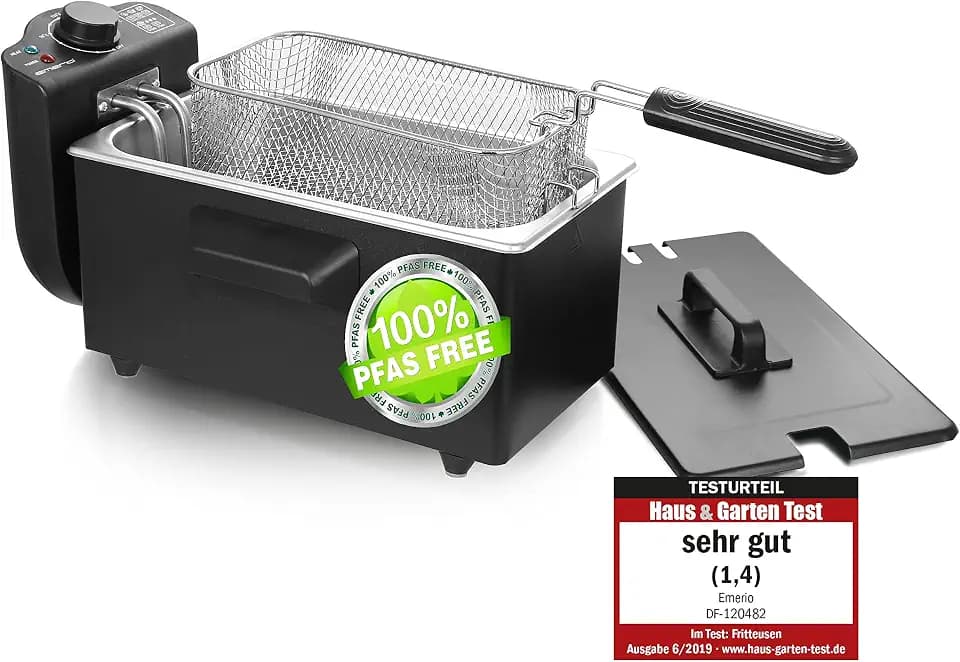 Emerio 3.0L Öl-Fritteuse mit Kaltzonen Technologie, "sehr gut 1.4" getestet von Haus & Garten 06/2019, kein bitterer Geschmack mehr, Kaltzonenfritteuse mit 2000 W, Tank aus Edelstahl, BPA frei