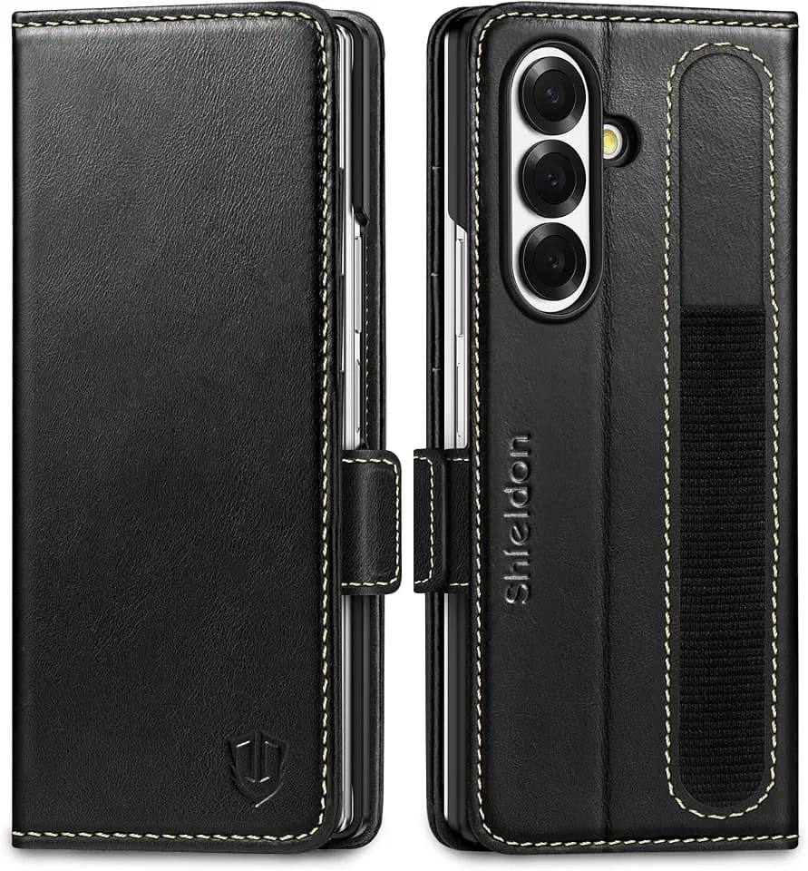 SHIELDON Genuine Leather Wallet Case for Galaxy Z Fold 7 2025, Retro Black