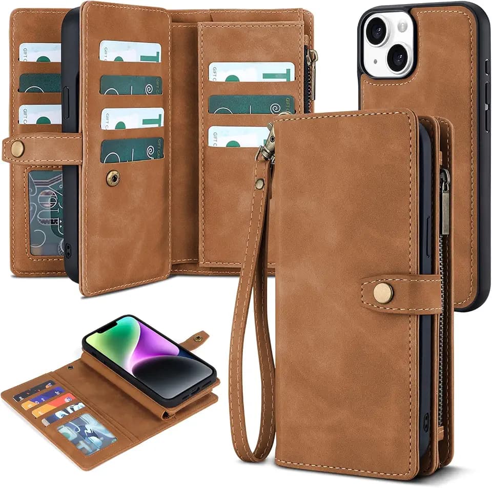 TwoHead for iPhone 14 Wallet Case with 11 Card Holders,Brown