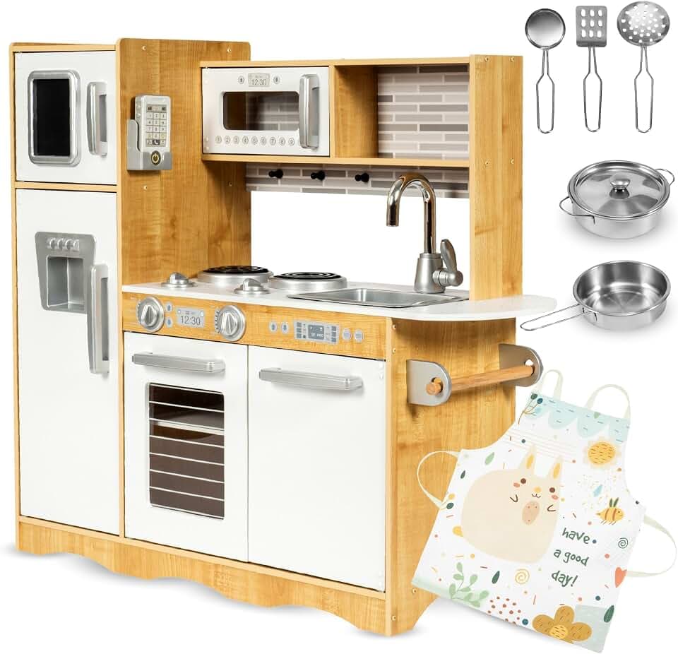 Mamabrum Holz-Spielküche LED-Beleuchtung, Kinderküche Zubehör Set - Ofen, Mikrowelle, Kochfeld, Wasserhahn, Kühlschrank & Spielzeug-Kochutensilien für Kinder (15 Teile)