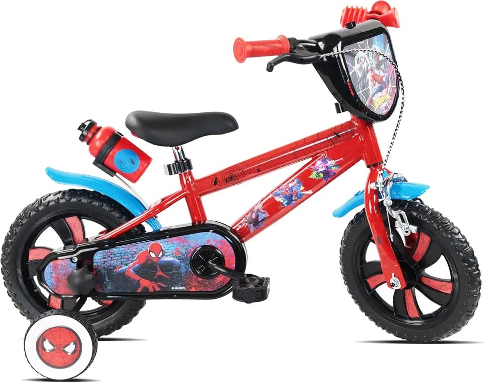 Marvel/Disney Spiderman Fahrrad 12 Zoll – 1 Bremse – Fixes Ritzel – pannensichere Eva-Reifen – Räder Stöcke – Platte – 2 Stabilisatoren – Schutzblech – Schutzgehäuse – Kanister hinten
