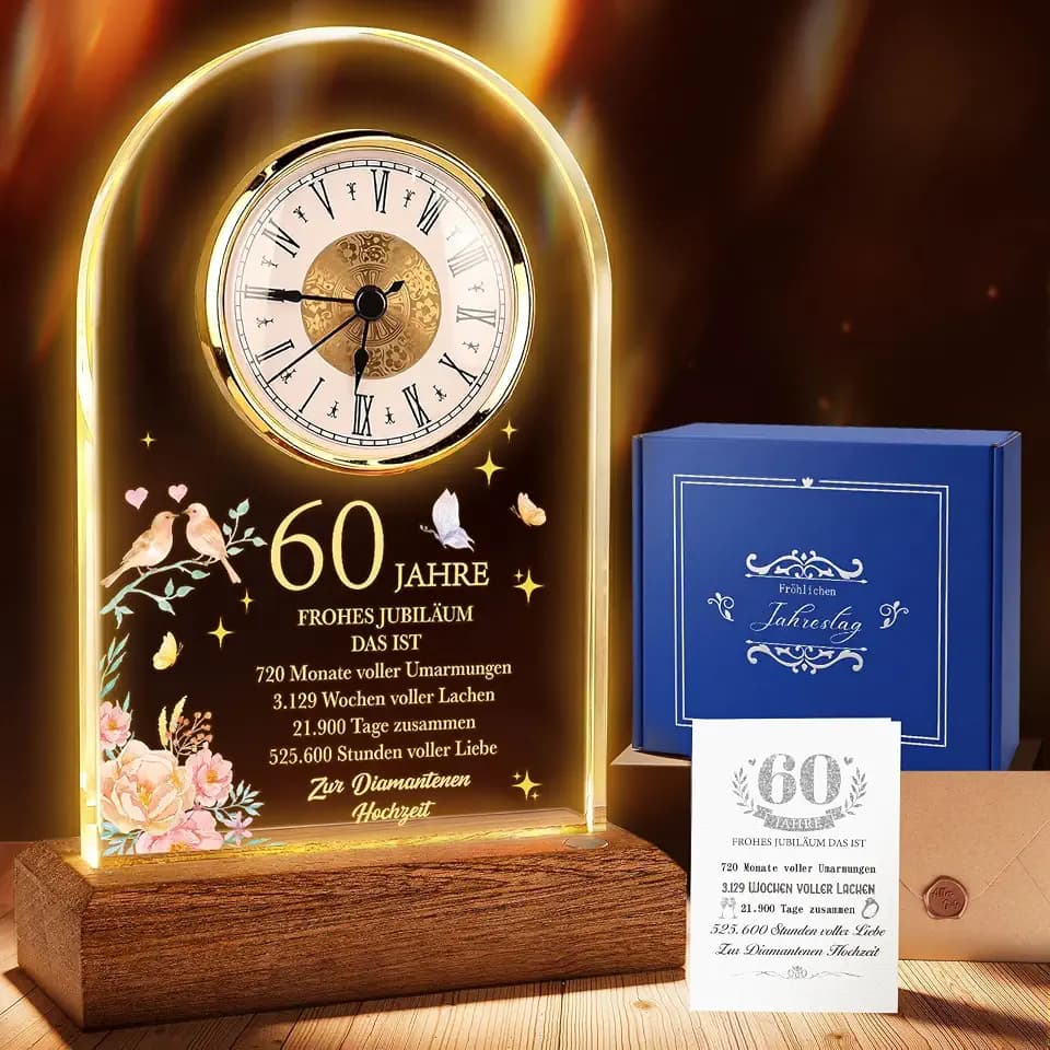 TUZELIYA Diamantene Hochzeit Geschenke, Jahrestag Quarzuhr, 60. Hochzeitstag Geschenke mit Grußkarte und Umschlag, Schreibtischuhr, Hochzeitsgeschenke für Paare, Eltern, Großeltern